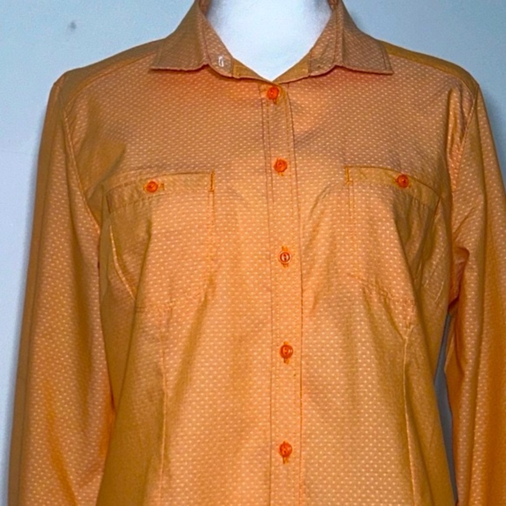 Mountain hardware long sleeve button down blouse orange w/white polka dots NWOT